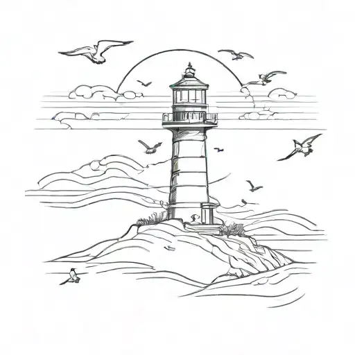 Minimalistic Lighthouse With Dunes And Birds Flying