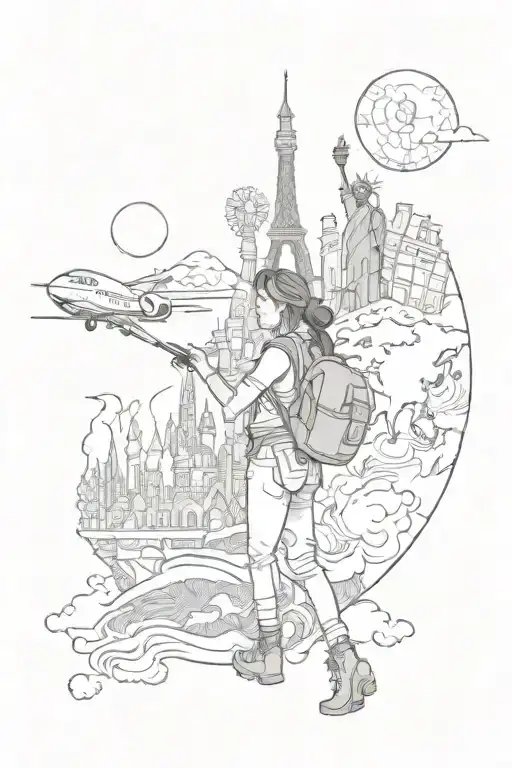 A Tattoo Design Featuring A Girl Exploring Different Countries And Landmarks Around The World