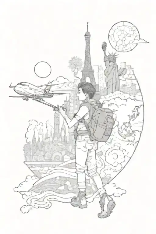 A Tattoo Design Featuring A Boy Exloring Different Countries And Landmarks Around The World