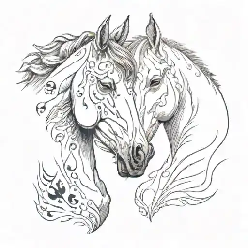 Horse Heads Facing Each Other With A Paw Print Near