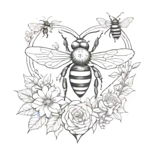 Heart Bee Flowers Surrounding