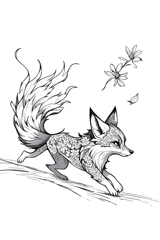 A Running Kitsune Fox With Two Tails Fluttering Behind Her In Flowers