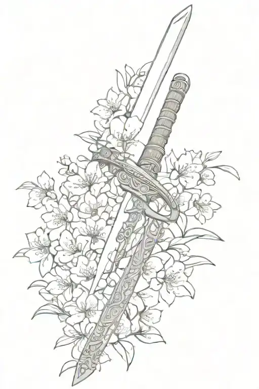 A Katana Sword With Cherry Blossoms And Japanese Kanji Symbols