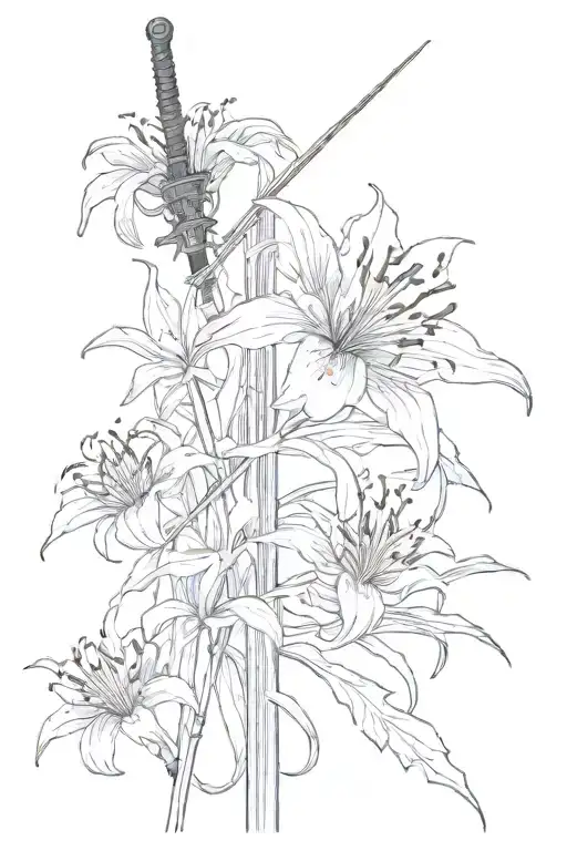 A Katana Sword Behind A Spider Lily
