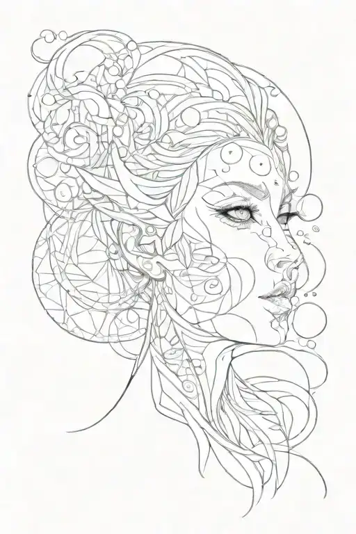Abstract Thin Rounded Lines Elf-woman Full Face With Breeding Circles