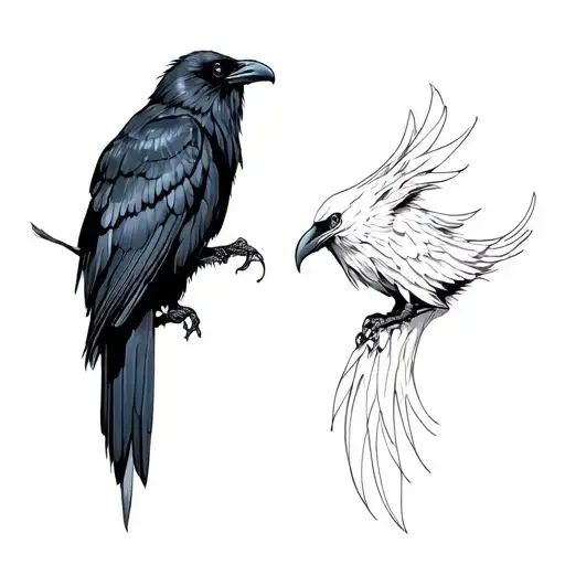 A Black Raven And A White Raven Facing Away From Each Other