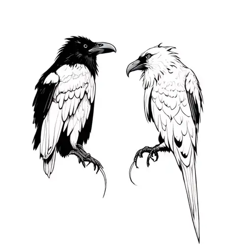 A Black Raven And A White Raven Facing Away From Each Other