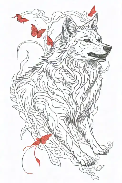 An Angry Wolf Comes Out Of The Distinctive Forest And A Red Butterfly Sits On His Ear