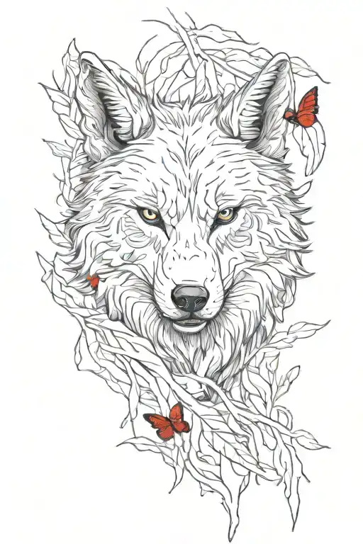 An Angry Wolf Comes Out Of The Forest With A Red Butterfly Sitting On His Ear