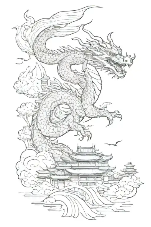 A Majestic Dragon Flying Over A Traditional Chinese Village With Arabic Script In The Sky