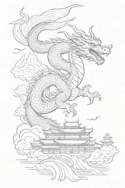 A Majestic Dragon Flying Over A Traditional Chinese Village With Arabic Script In The Sky