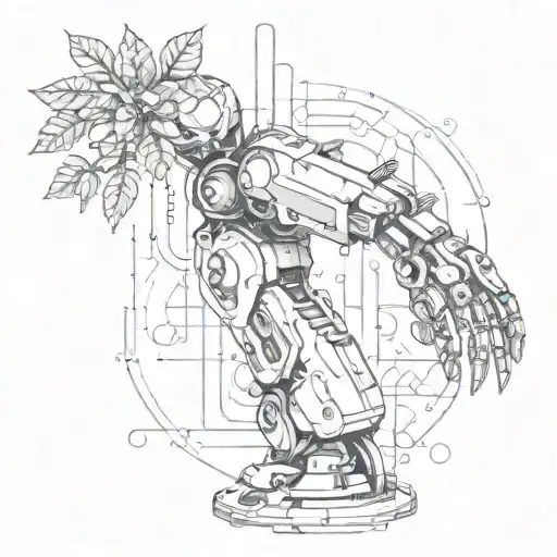 A Robotic Arm Holding A Plant With Binary Code Roots