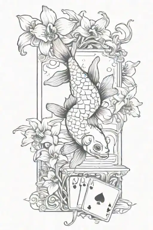 A Sketch Style Tattoo Of A Fish Jumping Out Of A Deck Of Cards With Orchids In The Background
