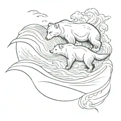 A Sketch-style Design Of A Bear And Fox Playing In The Waves At The Beach