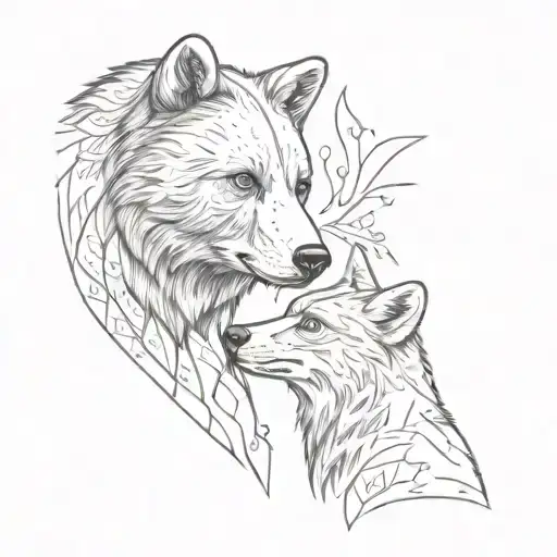 A Street Mural Style Tattoo Of A Bear And A Fox Gazing Lovingly Into Each Other's Eyes