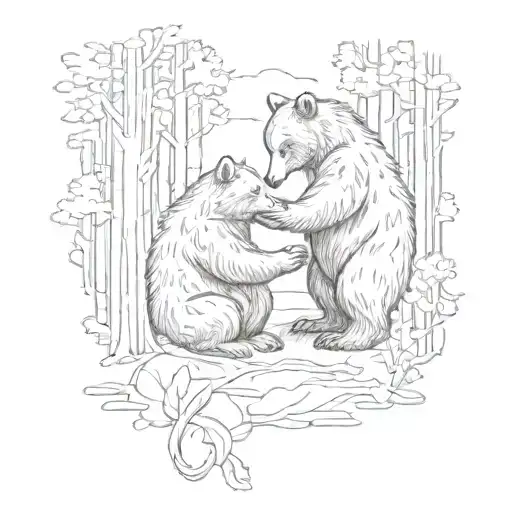 A Romantic Scene Of A Bear And A Fox Kissing In A Forest Setting