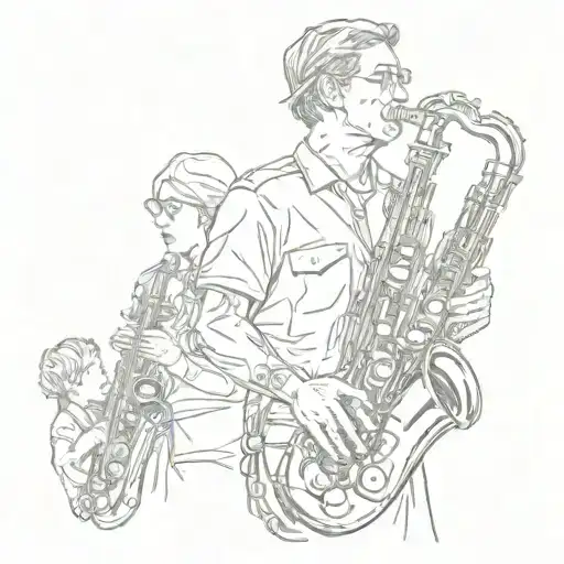 A Realistic Portrait Of A Saxophone Player With Their Family In The Background