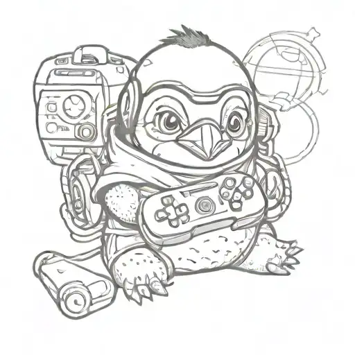 A Baby Penguin Wearing A Pizza Hut Uniform Playing A Video Game Console