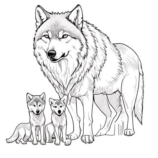 A Wolf With A She-wolf And Three Wolf Cubs