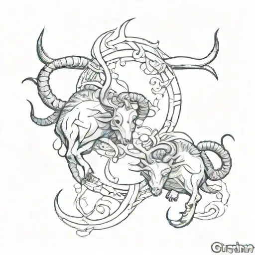A Detailed Sketch Tattoo Of A Taurus And Scorpio Symbol Intertwined With Each Other
