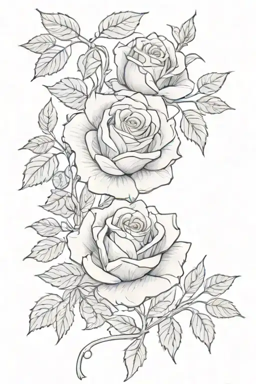 A Black And Gray Sketch Of A Blooming Rose Intertwined With Vines And Leaves