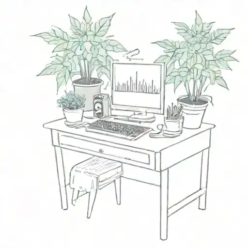 A Work Desk Scene With Music Notes And Cannabis Plants Growing In The Background