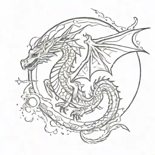 A Dragon Silhouette Flying Over A Moon In A Sketch Style