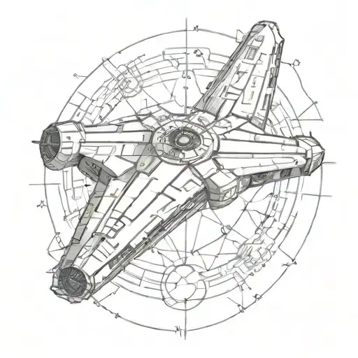 A Sketch Style Tattoo Of The Millennium Falcon Flying Through A Geometric Space Pattern