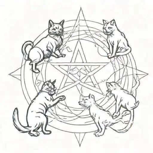 Five Black Cats Standing In A Circle Throwing A Ball Of Yarn That Makes A Five Pointed Star