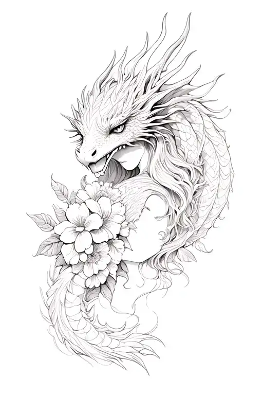 Dragon And Flowers And Girl