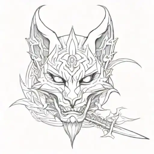 A Tattoo Of Half Oni Mask And Half Kitsune Mask Slashed And Seperated By Katana