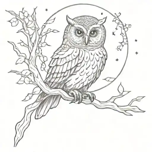An Owl Perched On A Branch With A Full Moon And Fireflies In The Background