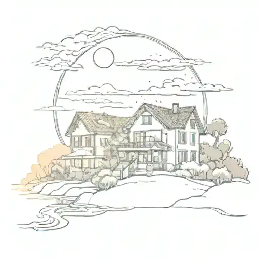 A Majestic Sun Setting Over A Peaceful Family Home By The Sea