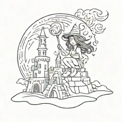 Outline Of A Postage Stamp With A Girl In A Sandcastle And A Witch On Fire