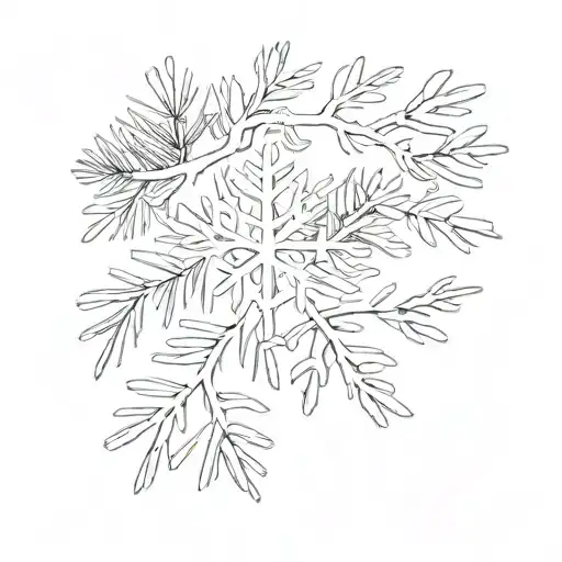 A Minimalist Tattoo Of A Snowflake Falling On A Pine Tree Branch With The Initials 'Wwabwte'