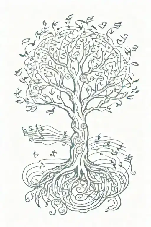 Tree Of Life Surrounded With Music Notes Flowing In A Brush Stroke Style