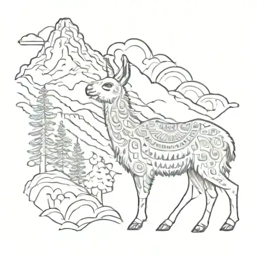 An Intricate Tattoo Of A Llama Surrounded By Intricate Mountain Ranges And Forest Scenery