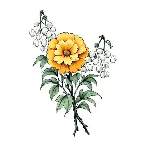 Marigold And Lily Of The Valley Flower Intertwined With A Tree Branch