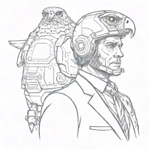 Man In Suit And Tie With A Space Helmet And A Hawk Perched On His Arm