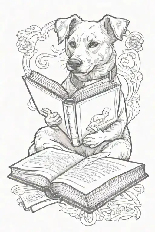 A Sketch-style Tattoo Of A Dog Reading A Book Of Poetry