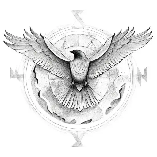 Crow With Open Wings And A Vegvisir Surrounding It With Runes