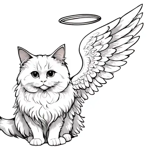 White Fluffy Cat With Angel Wings And Halo In Asian Style