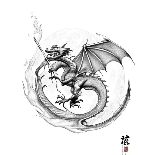 Dragon With Books And Moon