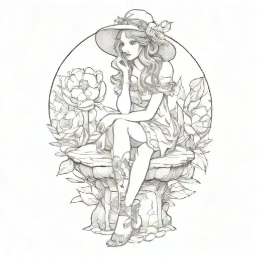 Single Sad Fae Sitting On Toadstool With Peonies
