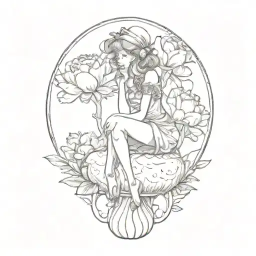 Single Small Fae Sitting On Toadstool With Peonies