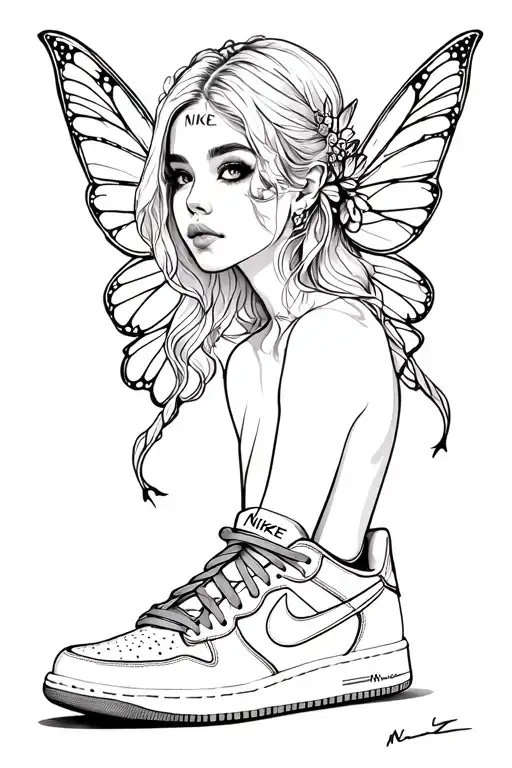 A Black And Withe Design Fairy With Nike Shoes