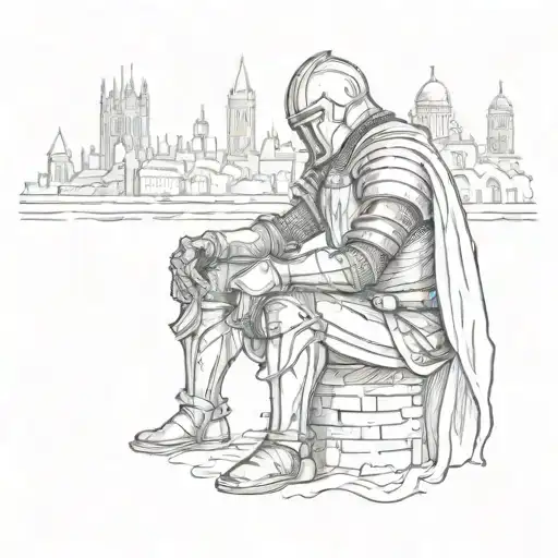 A Medieval Knight Kneeling Before The London Skyline As A Sign Of Loyalty