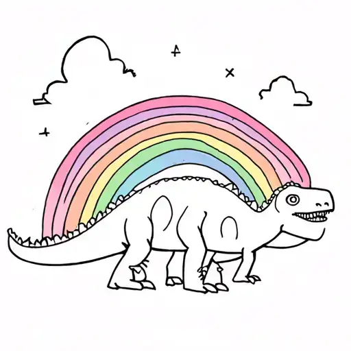 Cute Stick Figures Drawing Of A Dinosaur And Rainbow