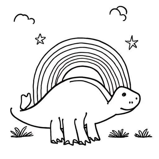 Simple And Cute Stick Figures Drawing Of A Dinosaur And Rainbow
