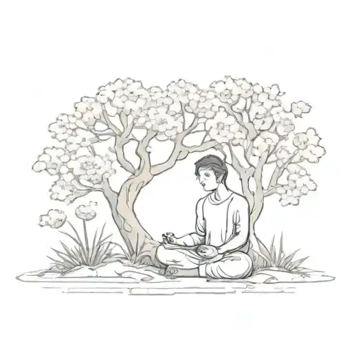 A Serene Scene Of A Person Meditating Under A Tree Surrounded By Blooming Flowers